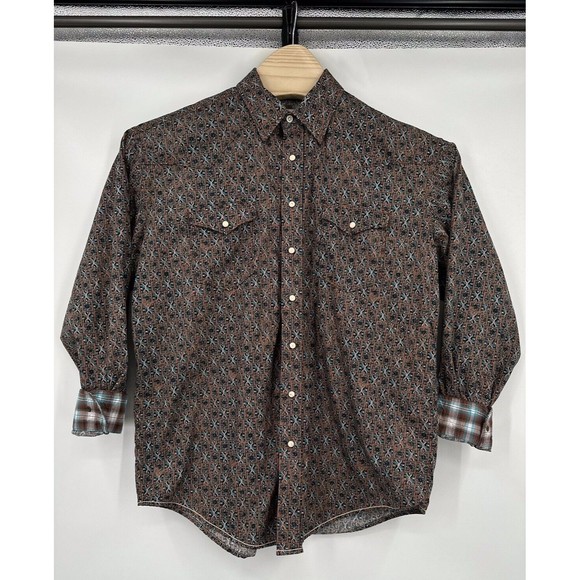 Panhandle Western Shirt Men's L‎ Rough Stock Pearl Snap Teal  aztec Flip Cuff - Picture 1 of 9